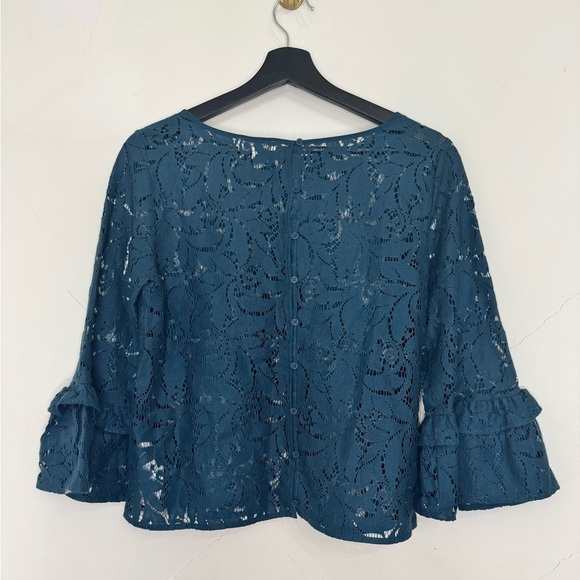 Women’s Part Two Grethe Lace Ruffle Sleeve Dark Teal Blouse Leaf Pattern Button - Picture 2 of 6